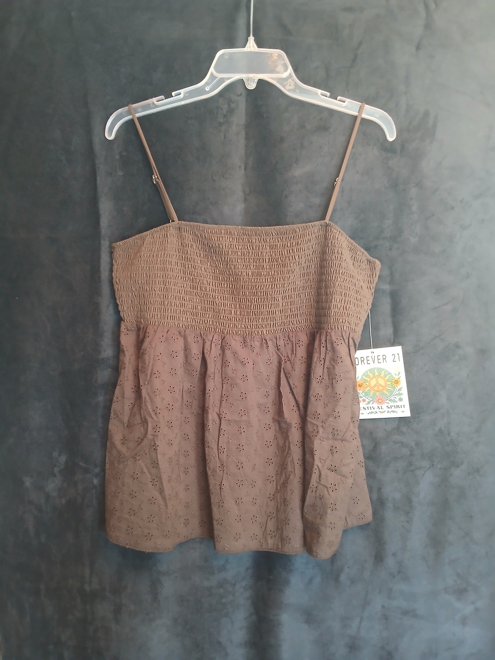 New! Forever 21 Festival Spirit Brown Eyelet Smocked Cami Top XL